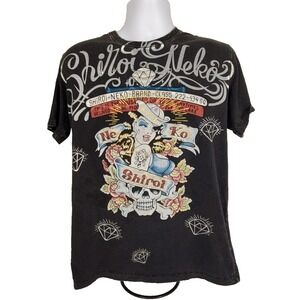 Shiroi Neka Large Black T-Shirt Pirate Skull‎ 100% Cotton